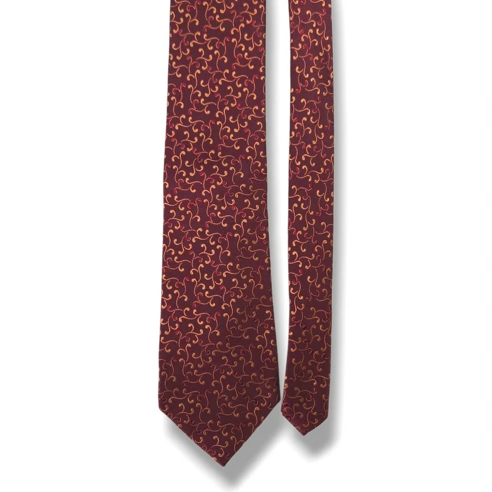 J Ferrar Silk Jacquard Necktie Abstract Scroll Burgundy Gold Red Classic Wide OS